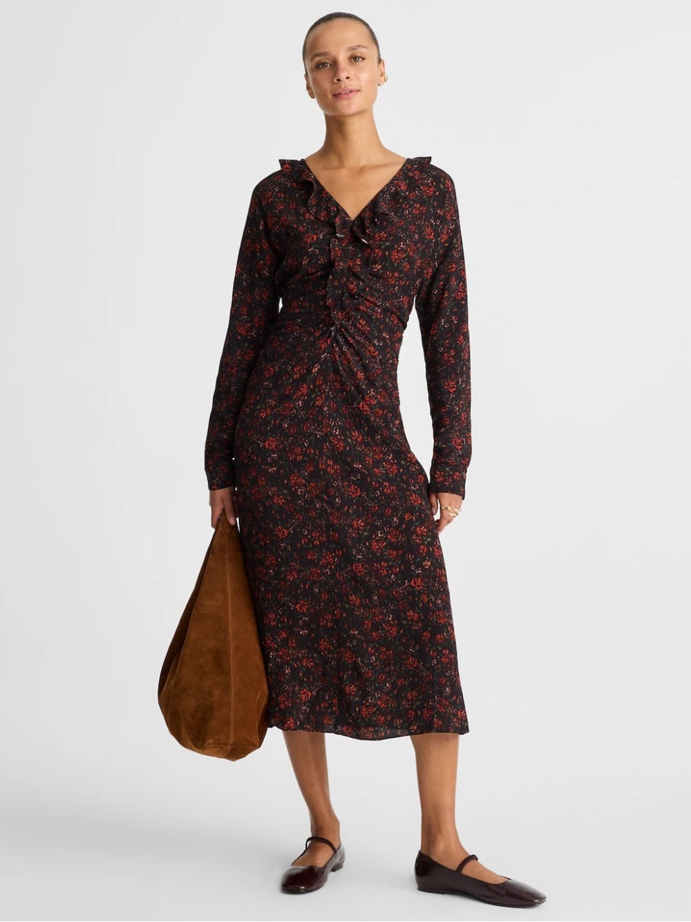 Madewell Ruffled Midi Dress Rose Red Floral Long Sleeve Ruched Women’s Medium